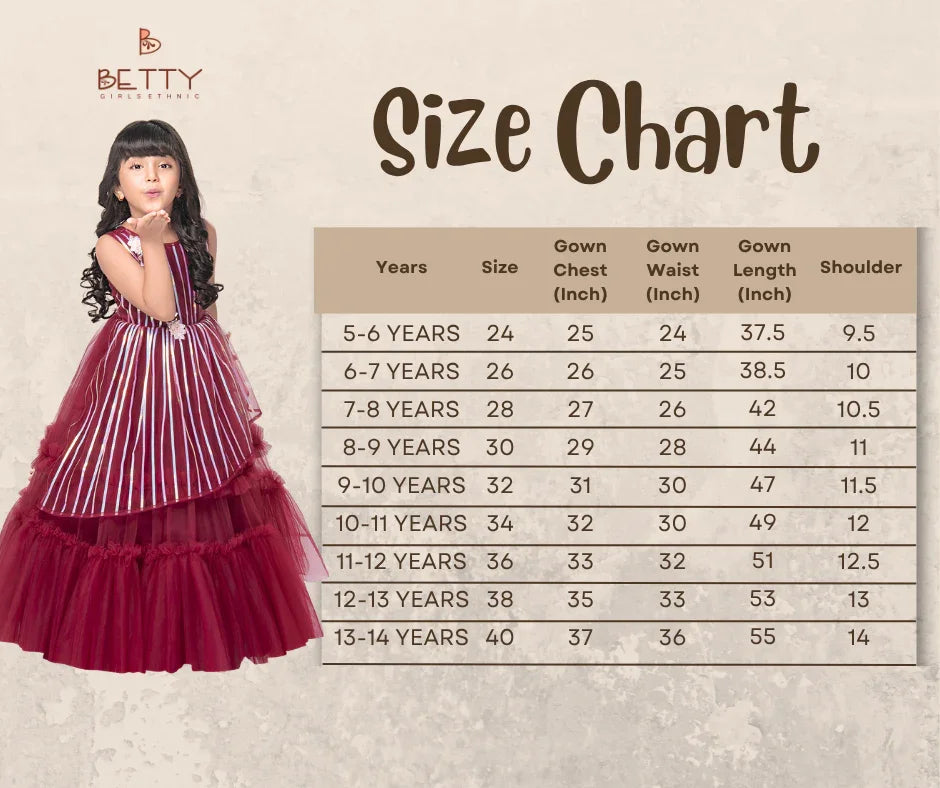 Betty Maroon Striped Sleeveless Gown with Floral Appliqué – Girls' Party Dress (5–15 Years)