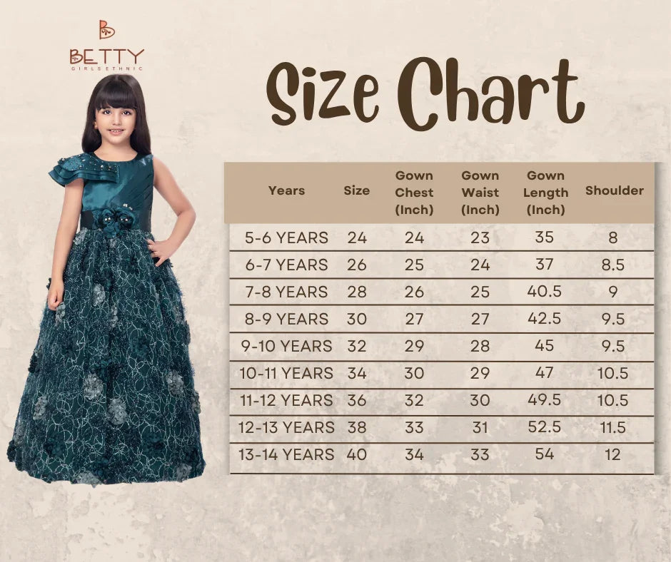 Betty Emerald Green Embellished Gown with 3D Floral Appliqué – Girls' Premium Party Dress