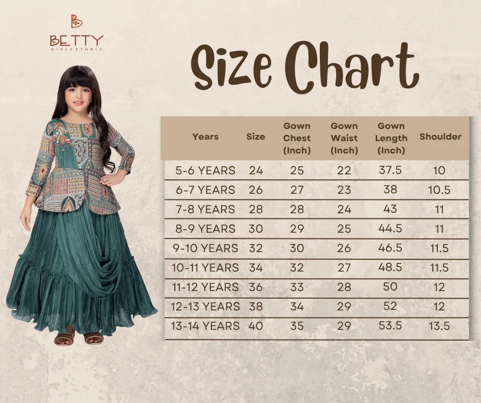 Betty Girls’ Green Ethnic Printed Flared Gown with Drape – Festive Wear.