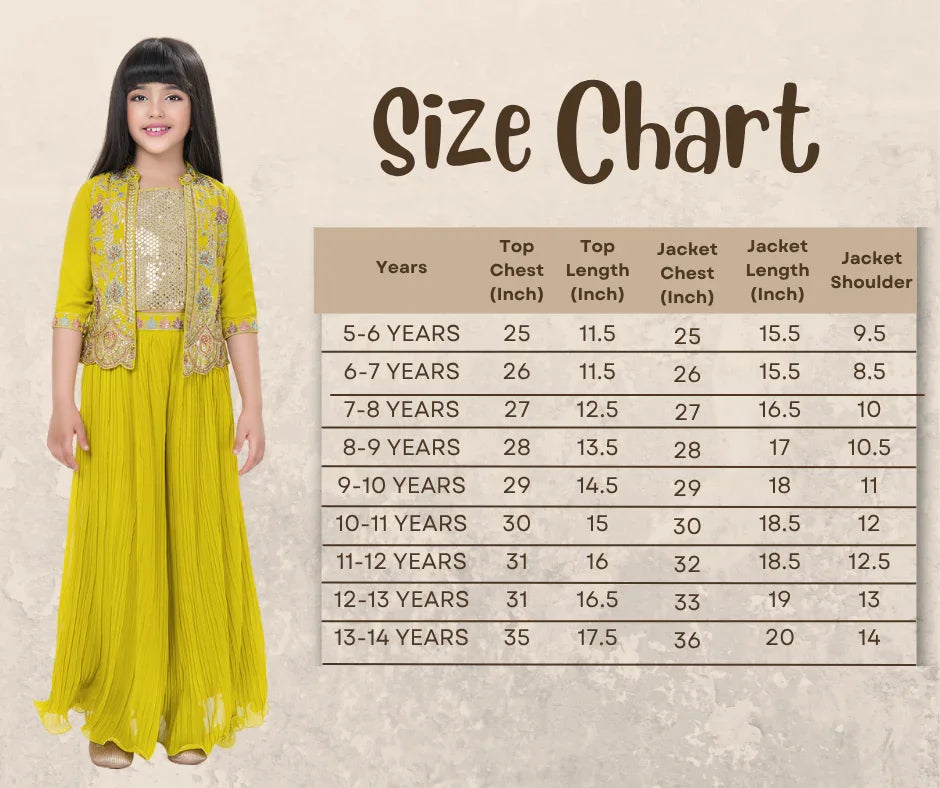 Yellow Embroidered Top & Palazzo Set with Shimmer Work Jacket – Festive Wear for Girls