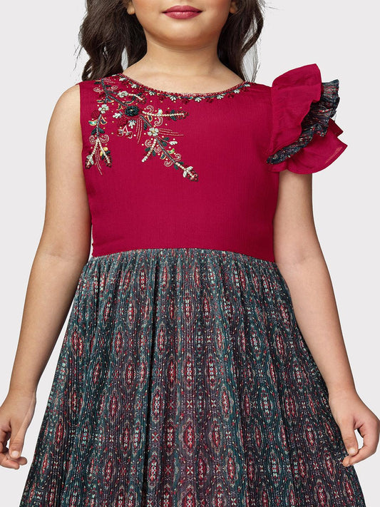 Red Coloured Unique One Side Sleeves Style Ethnic Gown For Girls - Betty Ethnic India - Gown - Betty Girls Wear Online