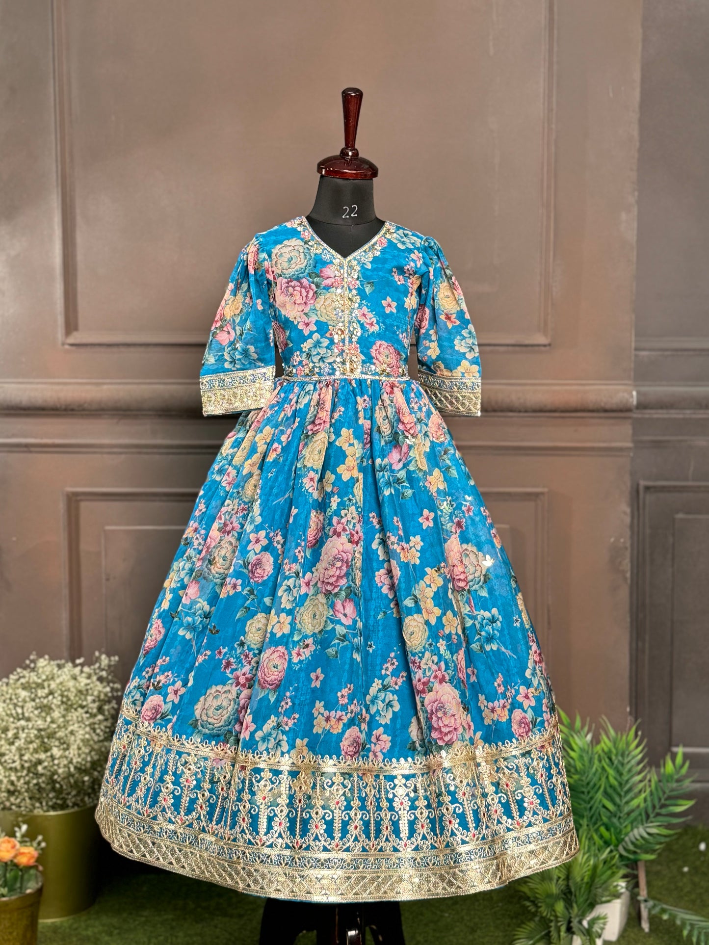 Blue Coloured Printed Fancy Party Wear Gown For Girls / Ethnic Wear Online / House Of Betty