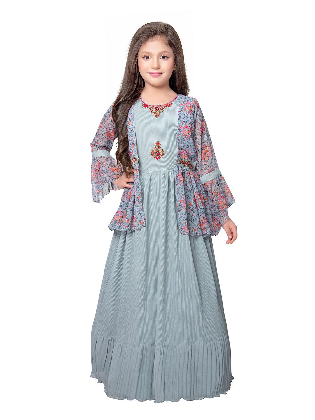 Sky Blue Coloured Separate Jacket Style Gown For Girls - Betty Ethnic India - Gown - Betty Girls Wear Online