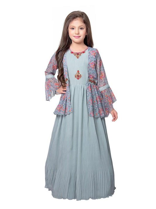 Sky Blue Coloured Separate Jacket Style Gown For Girls - Betty Ethnic India - Gown - Betty Girls Wear Online
