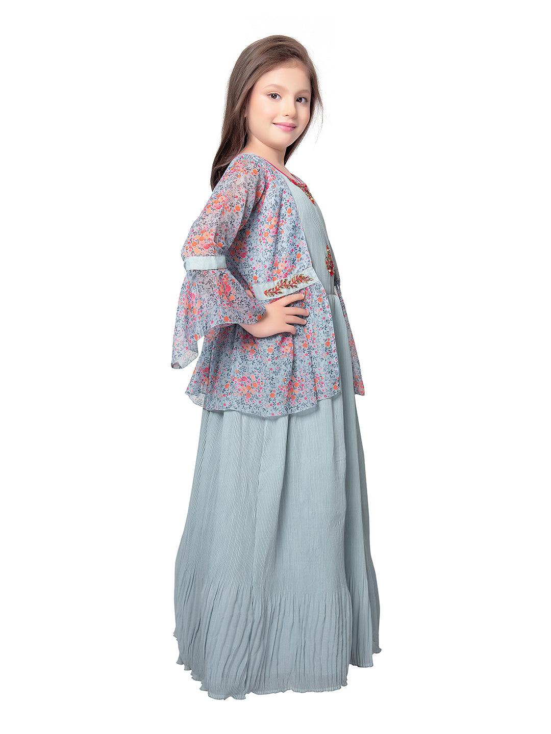 Sky Blue Coloured Separate Jacket Style Gown For Girls - Betty Ethnic India - Gown - Betty Girls Wear Online