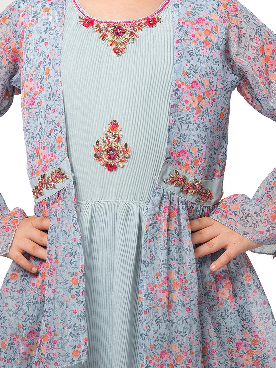 Sky Blue Coloured Separate Jacket Style Gown For Girls - Betty Ethnic India - Gown - Betty Girls Wear Online