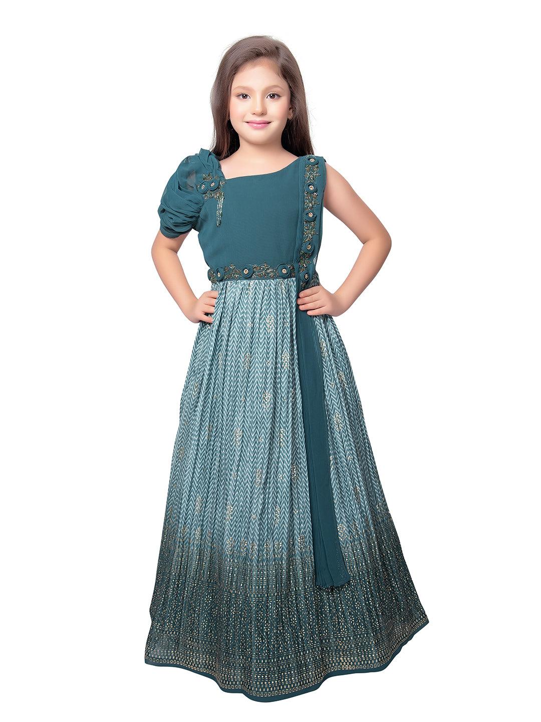 Oil Blue Coloured One Side Fancy Sleeve One Side Dupatta Pattern Stylish Gown For Girls - Betty Ethnic India - Gown - Betty Girls Wear Online