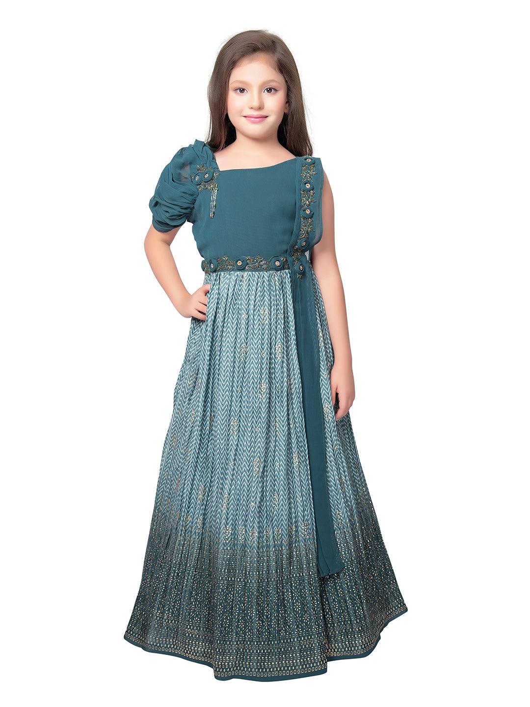 Oil Blue Coloured One Side Fancy Sleeve One Side Dupatta Pattern Stylish Gown For Girls - Betty Ethnic India - Gown - Betty Girls Wear Online