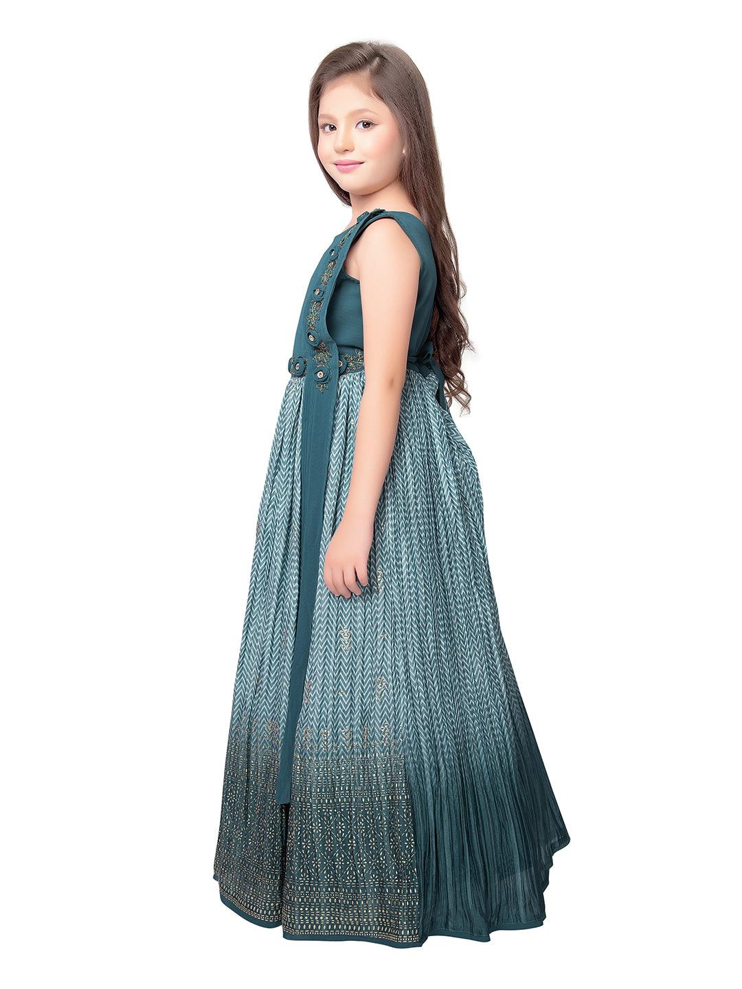 Oil Blue Coloured One Side Fancy Sleeve One Side Dupatta Pattern Stylish Gown For Girls - Betty Ethnic India - Gown - Betty Girls Wear Online