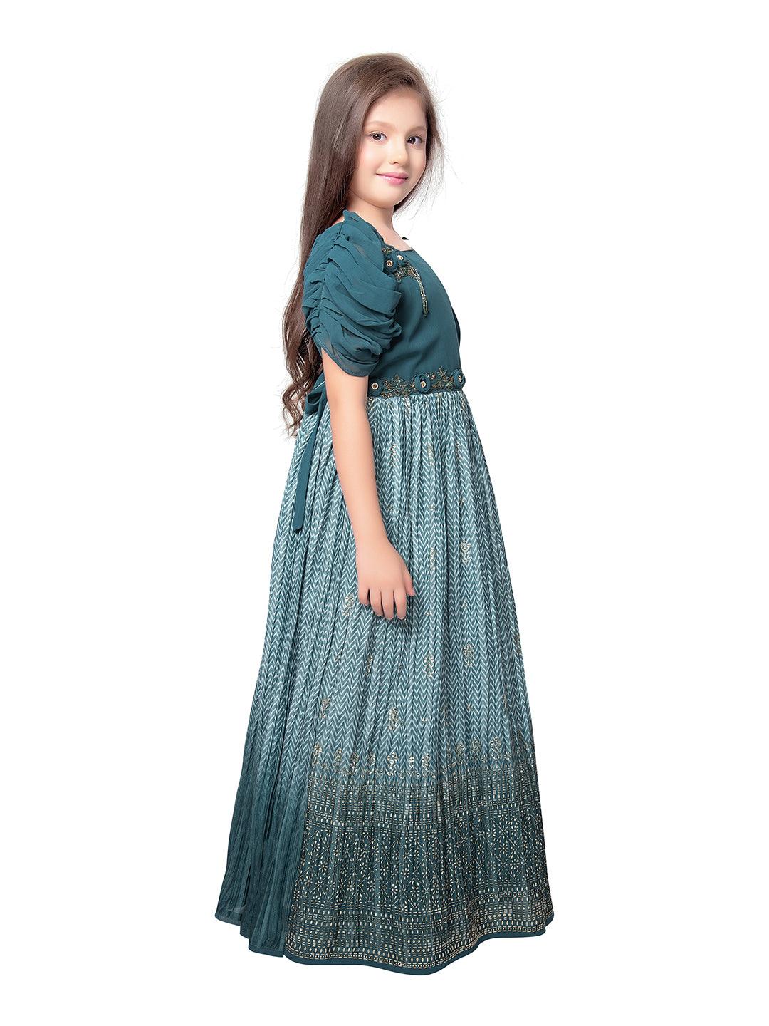 Oil Blue Coloured One Side Fancy Sleeve One Side Dupatta Pattern Stylish Gown For Girls - Betty Ethnic India - Gown - Betty Girls Wear Online