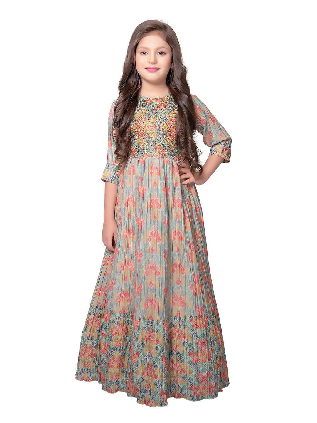 Printed Hand Embroidery Simple Yet Classic Gown For Girls - Betty Ethnic India - Gown - Betty Girls Wear Online