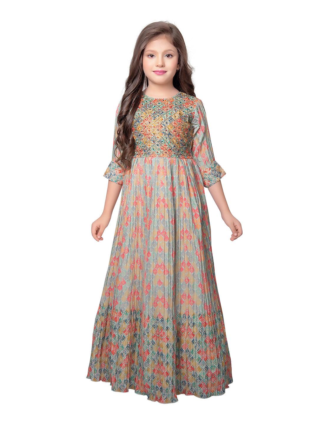 Printed Hand Embroidery Simple Yet Classic Gown For Girls - Betty Ethnic India - Gown - Betty Girls Wear Online