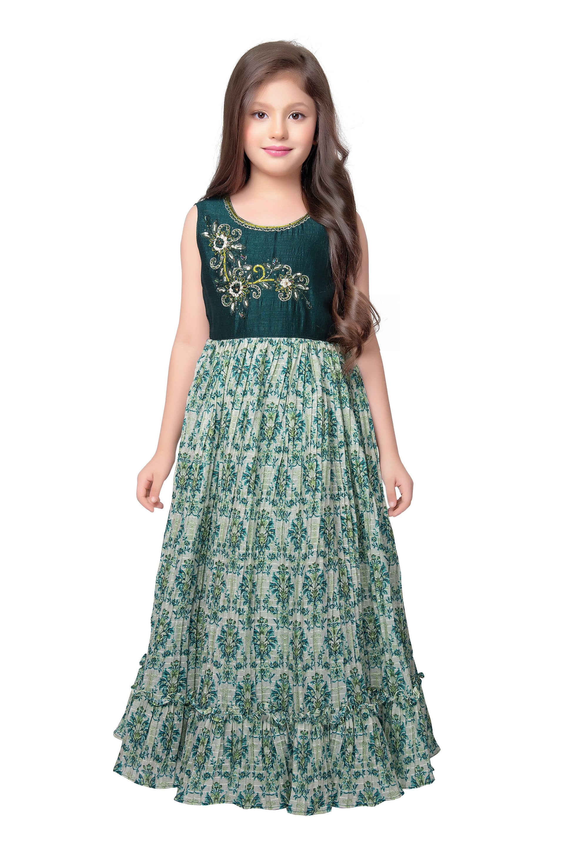 Bottle Green Coloured Ethnic Maxi Dress Gown For Girls - Betty Ethnic India - Gown - Betty Girls Wear Online