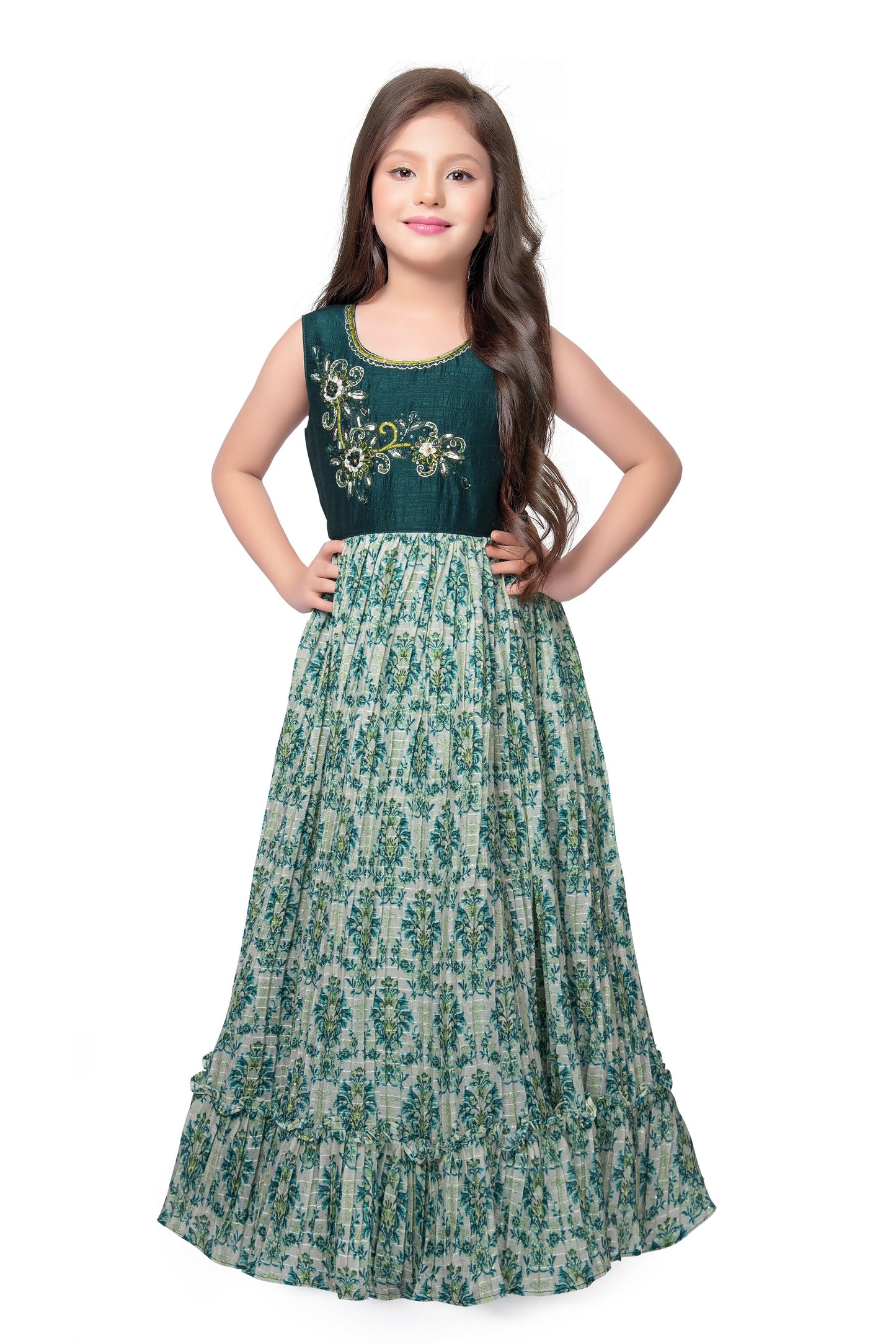 Bottle Green Coloured Ethnic Maxi Dress Gown For Girls - Betty Ethnic India - Gown - Betty Girls Wear Online