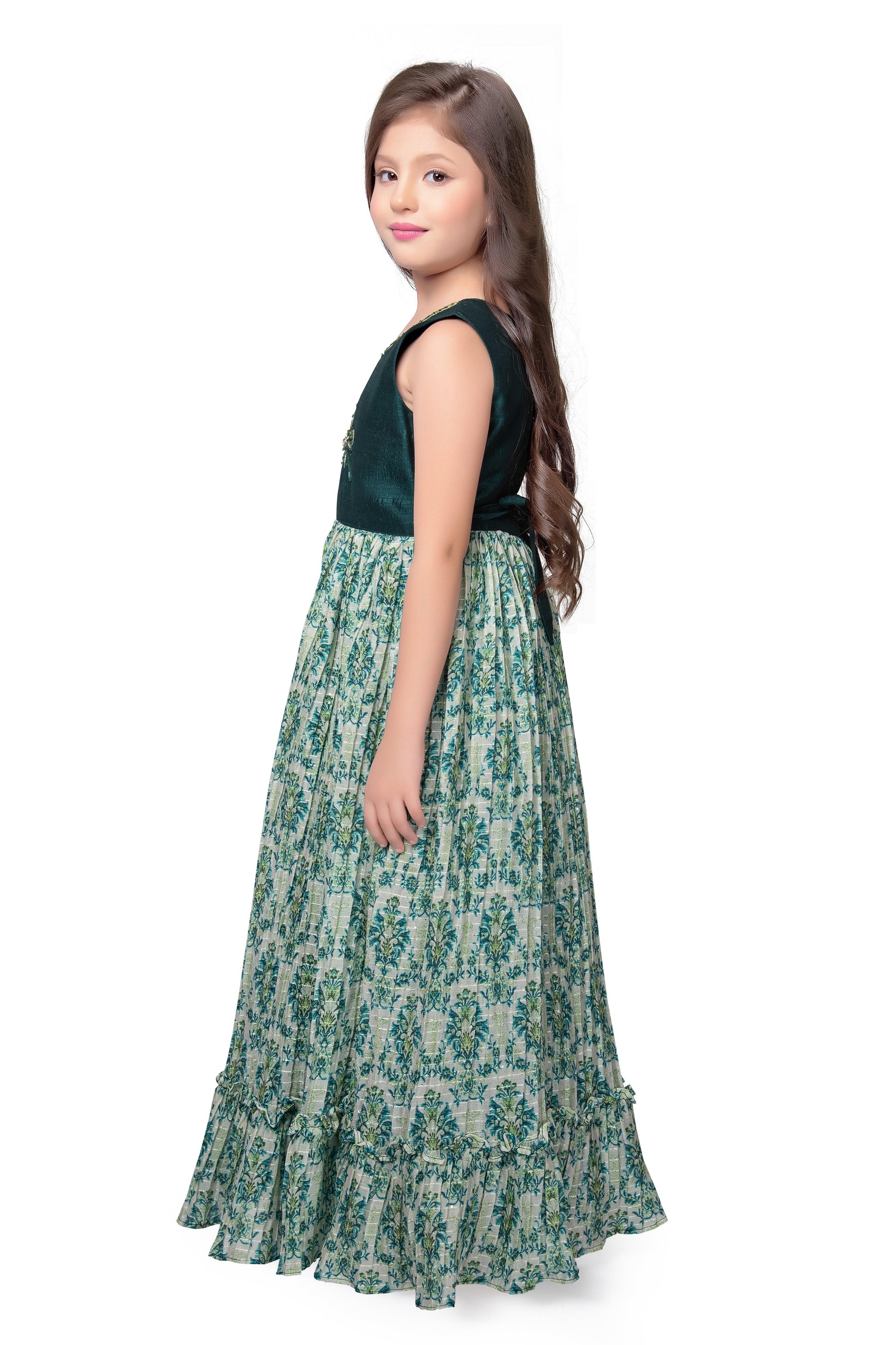 Bottle Green Coloured Ethnic Maxi Dress Gown For Girls - Betty Ethnic India - Gown - Betty Girls Wear Online