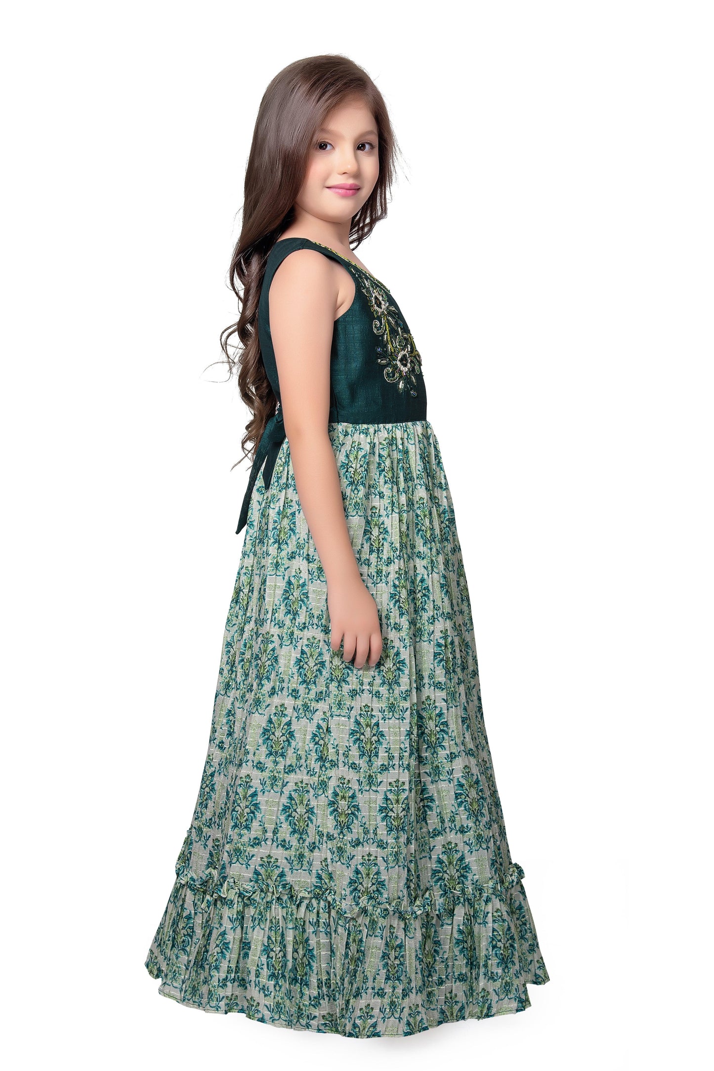 Bottle Green Coloured Ethnic Maxi Dress Gown For Girls - Betty Ethnic India - Gown - Betty Girls Wear Online