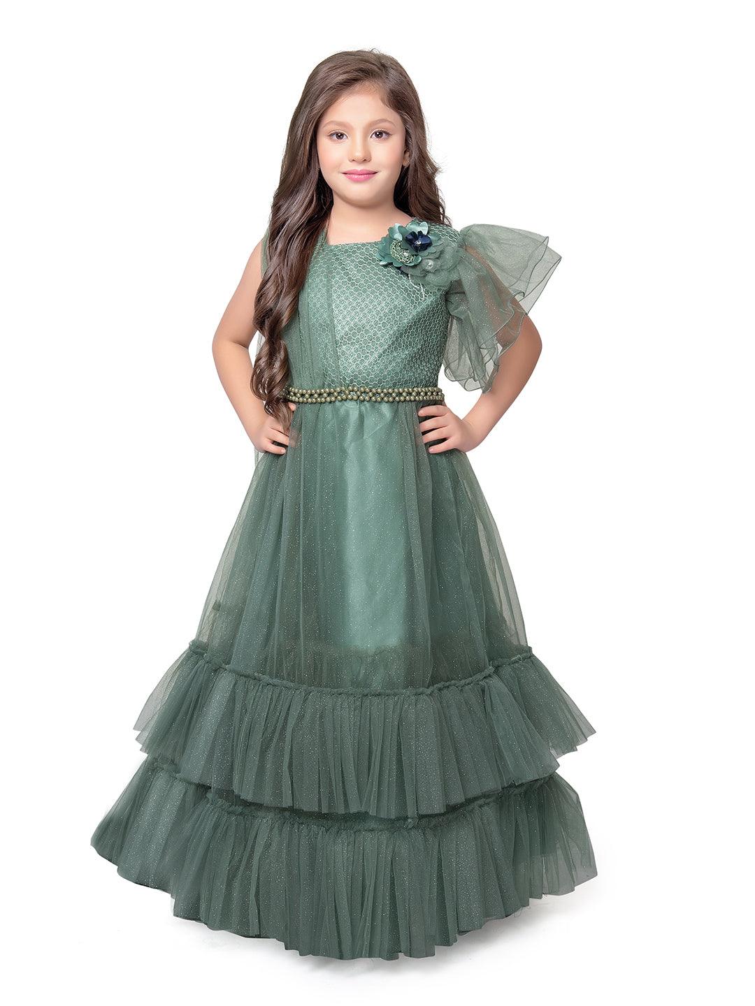 Girls Beetle Coloured One Side Fancy Sleeves Style Gown For Girls With Attached Dupatta - Betty Ethnic India - Gown - Betty Girls Wear Online