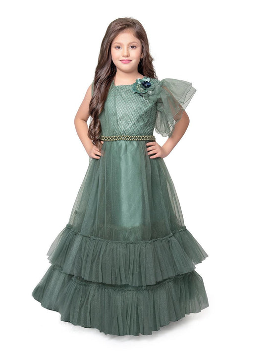 Girls Beetle Coloured One Side Fancy Sleeves Style Gown For Girls With Attached Dupatta - Betty Ethnic India - Gown - Betty Girls Wear Online