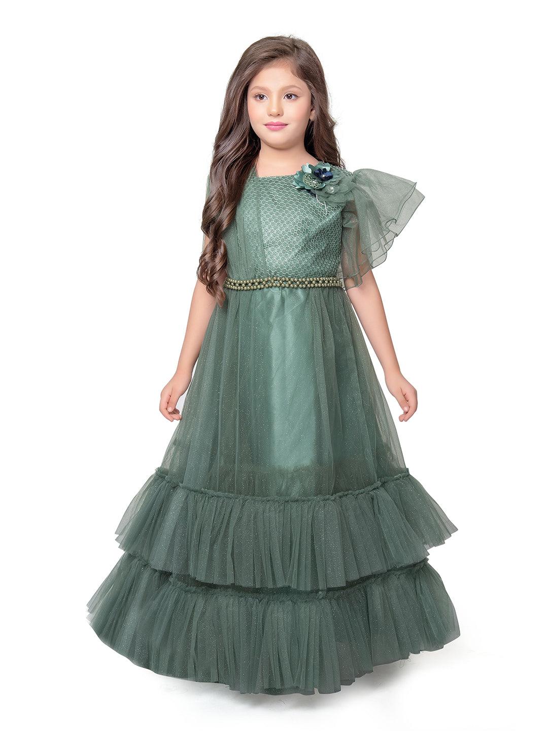 Girls Beetle Coloured One Side Fancy Sleeves Style Gown For Girls With Attached Dupatta - Betty Ethnic India - Gown - Betty Girls Wear Online