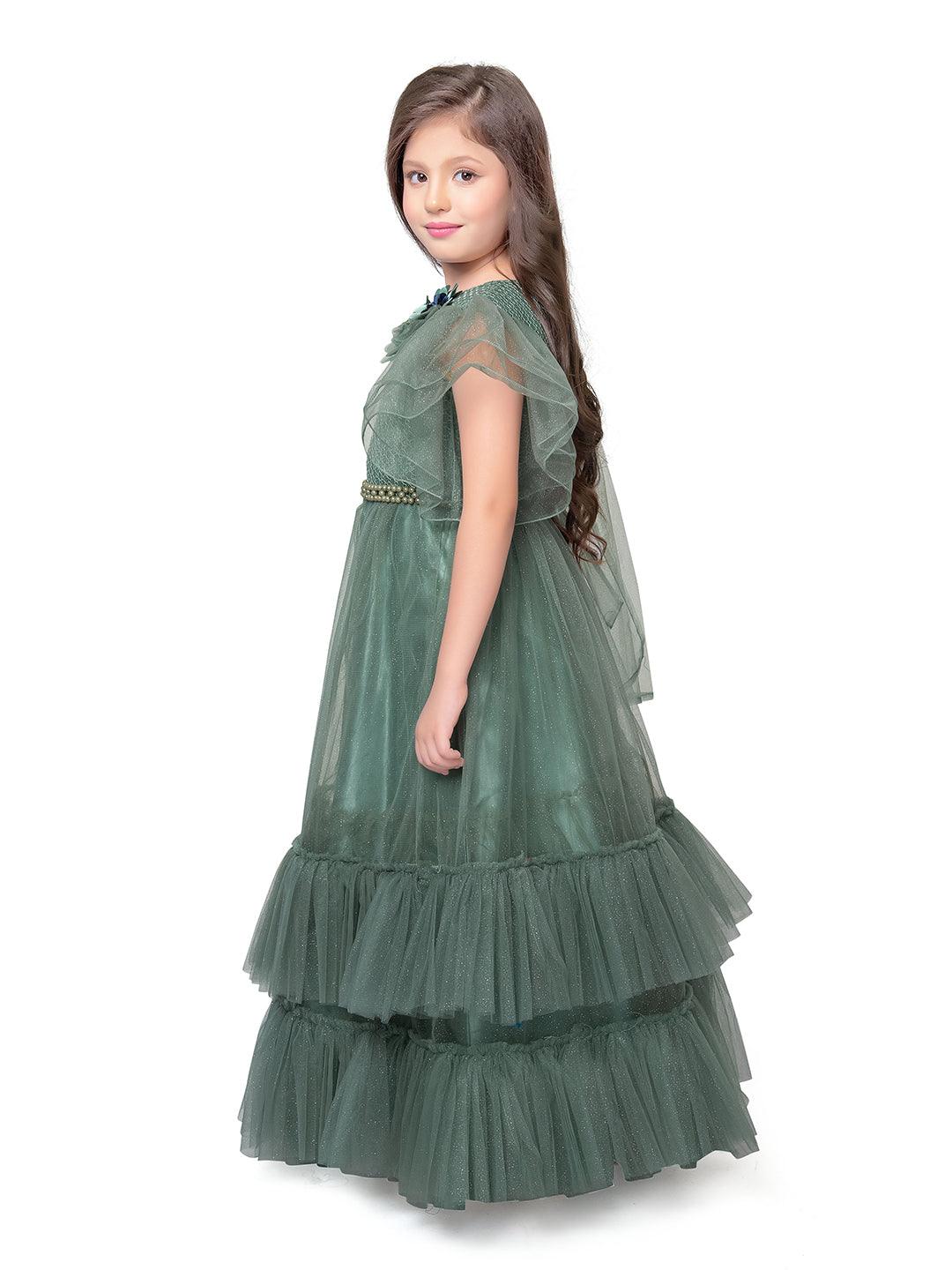 Girls Beetle Coloured One Side Fancy Sleeves Style Gown For Girls With Attached Dupatta - Betty Ethnic India - Gown - Betty Girls Wear Online