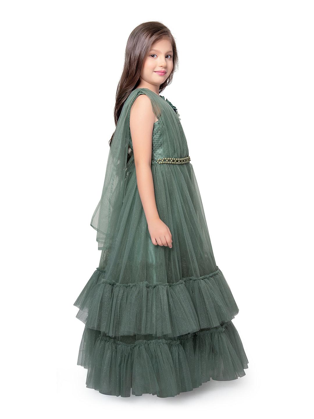 Girls Beetle Coloured One Side Fancy Sleeves Style Gown For Girls With Attached Dupatta - Betty Ethnic India - Gown - Betty Girls Wear Online