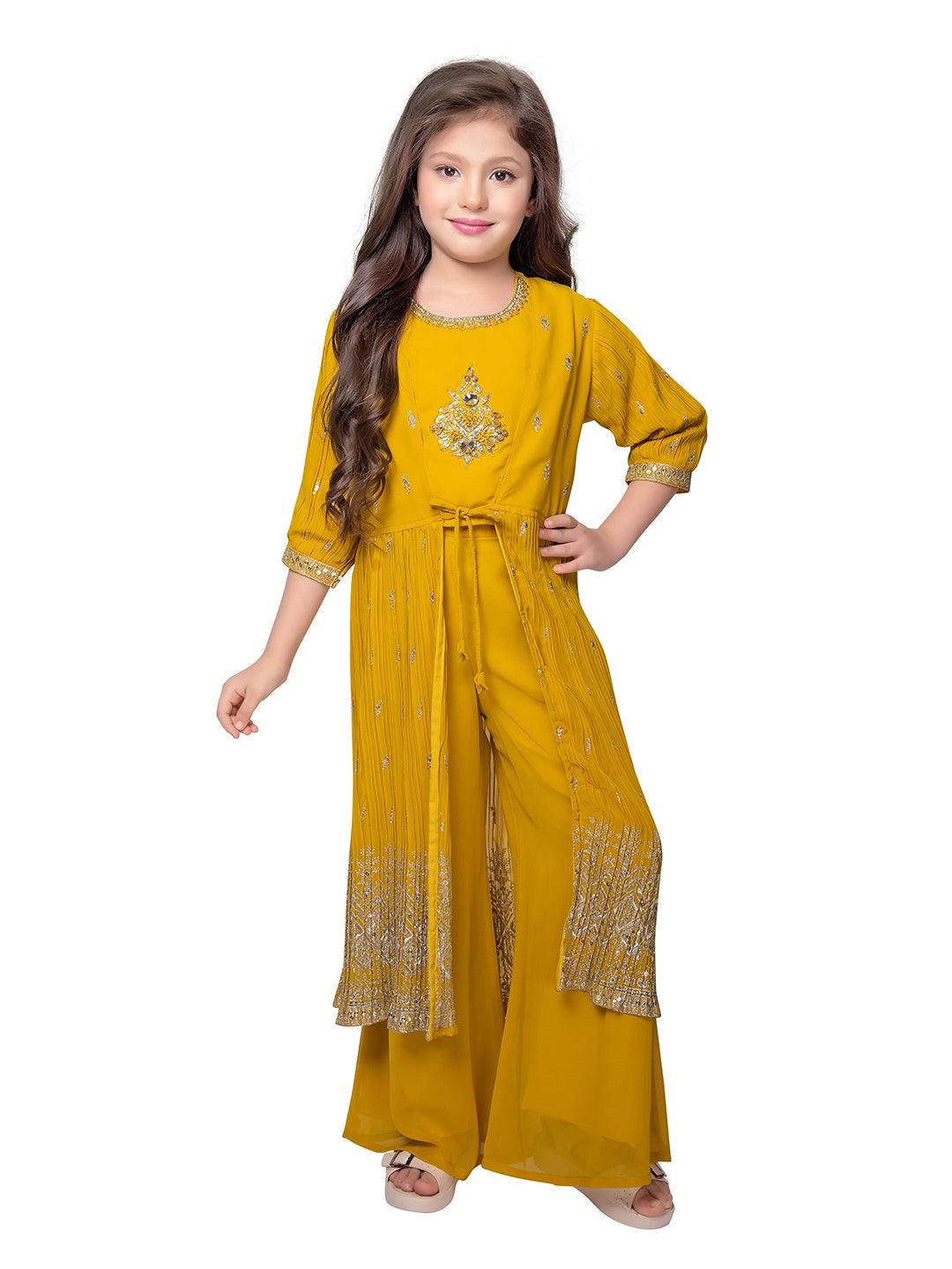 Yellow Embroidered Top with Embroidery Design, Paired with Solid Palazzos and a Stylish Jacket For Girls - Betty Ethnic India - Gharara / Sharara Set - Betty Girls Wear Online