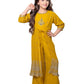 Yellow Embroidered Top with Embroidery Design, Paired with Solid Palazzos and a Stylish Jacket For Girls - Betty Ethnic India - Gharara / Sharara Set - Betty Girls Wear Online