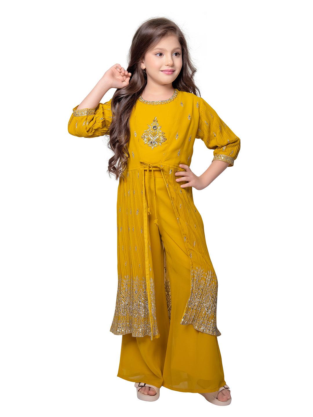 Yellow Embroidered Top with Embroidery Design, Paired with Solid Palazzos and a Stylish Jacket For Girls - Betty Ethnic India - Gharara / Sharara Set - Betty Girls Wear Online