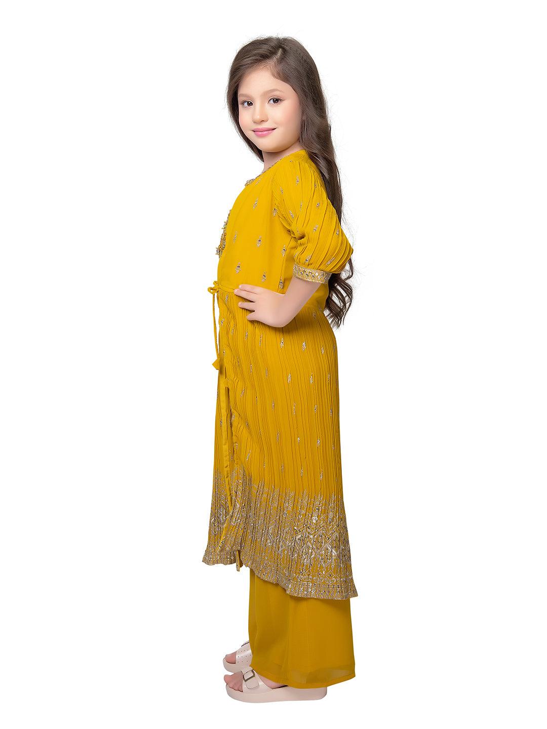 Yellow Embroidered Top with Embroidery Design, Paired with Solid Palazzos and a Stylish Jacket For Girls - Betty Ethnic India - Gharara / Sharara Set - Betty Girls Wear Online