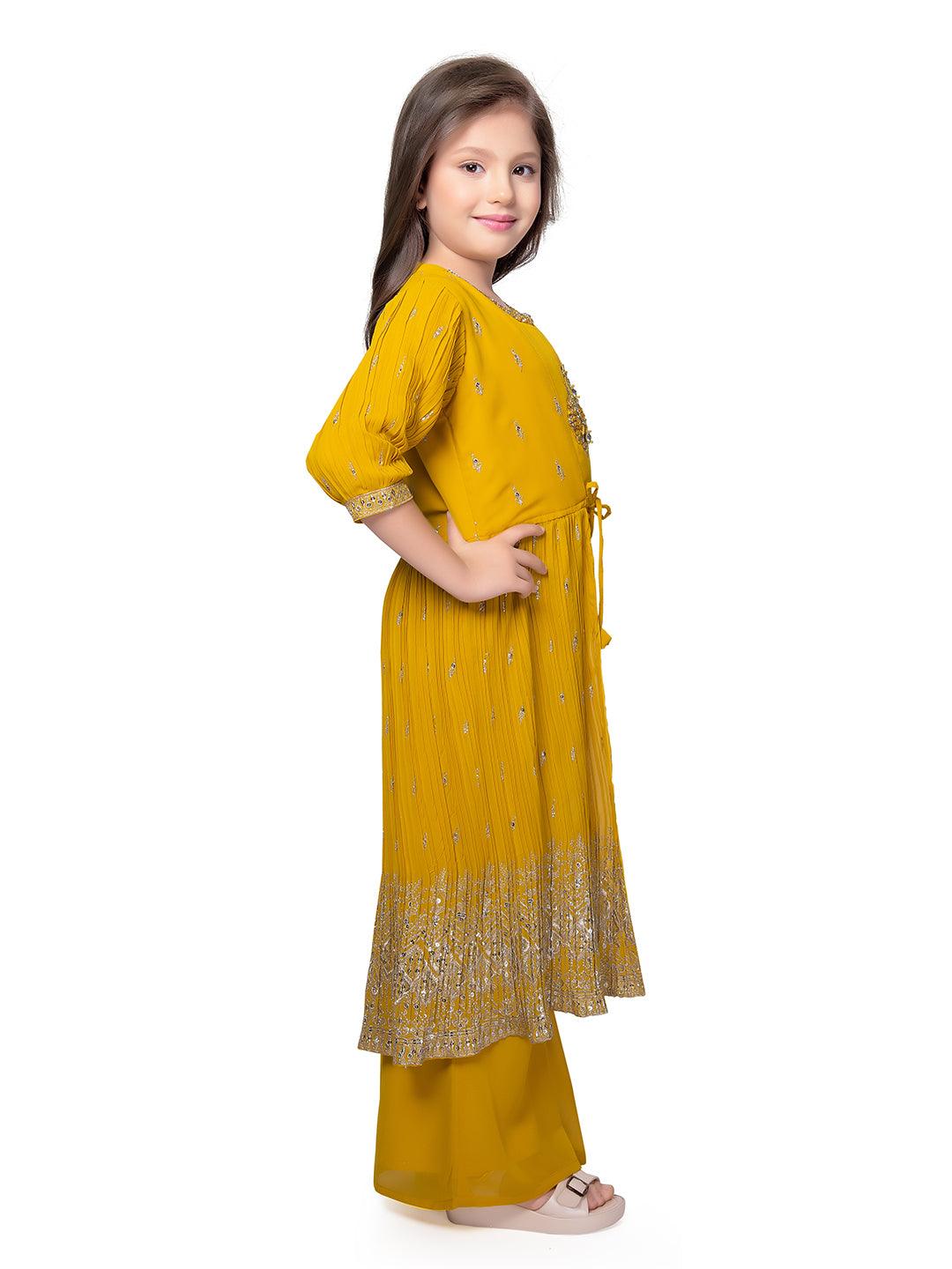 Yellow Embroidered Top with Embroidery Design, Paired with Solid Palazzos and a Stylish Jacket For Girls - Betty Ethnic India - Gharara / Sharara Set - Betty Girls Wear Online