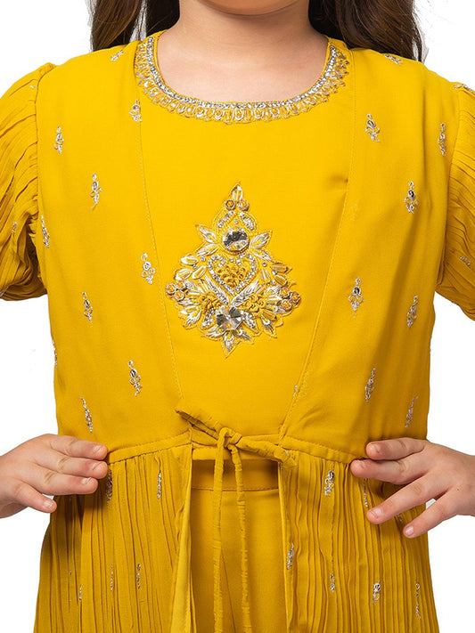 Yellow Embroidered Top with Embroidery Design, Paired with Solid Palazzos and a Stylish Jacket For Girls - Betty Ethnic India - Gharara / Sharara Set - Betty Girls Wear Online