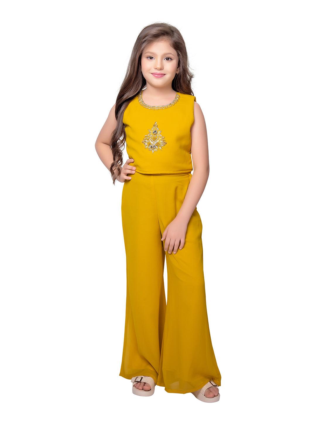 Yellow Embroidered Top with Embroidery Design, Paired with Solid Palazzos and a Stylish Jacket For Girls - Betty Ethnic India - Gharara / Sharara Set - Betty Girls Wear Online