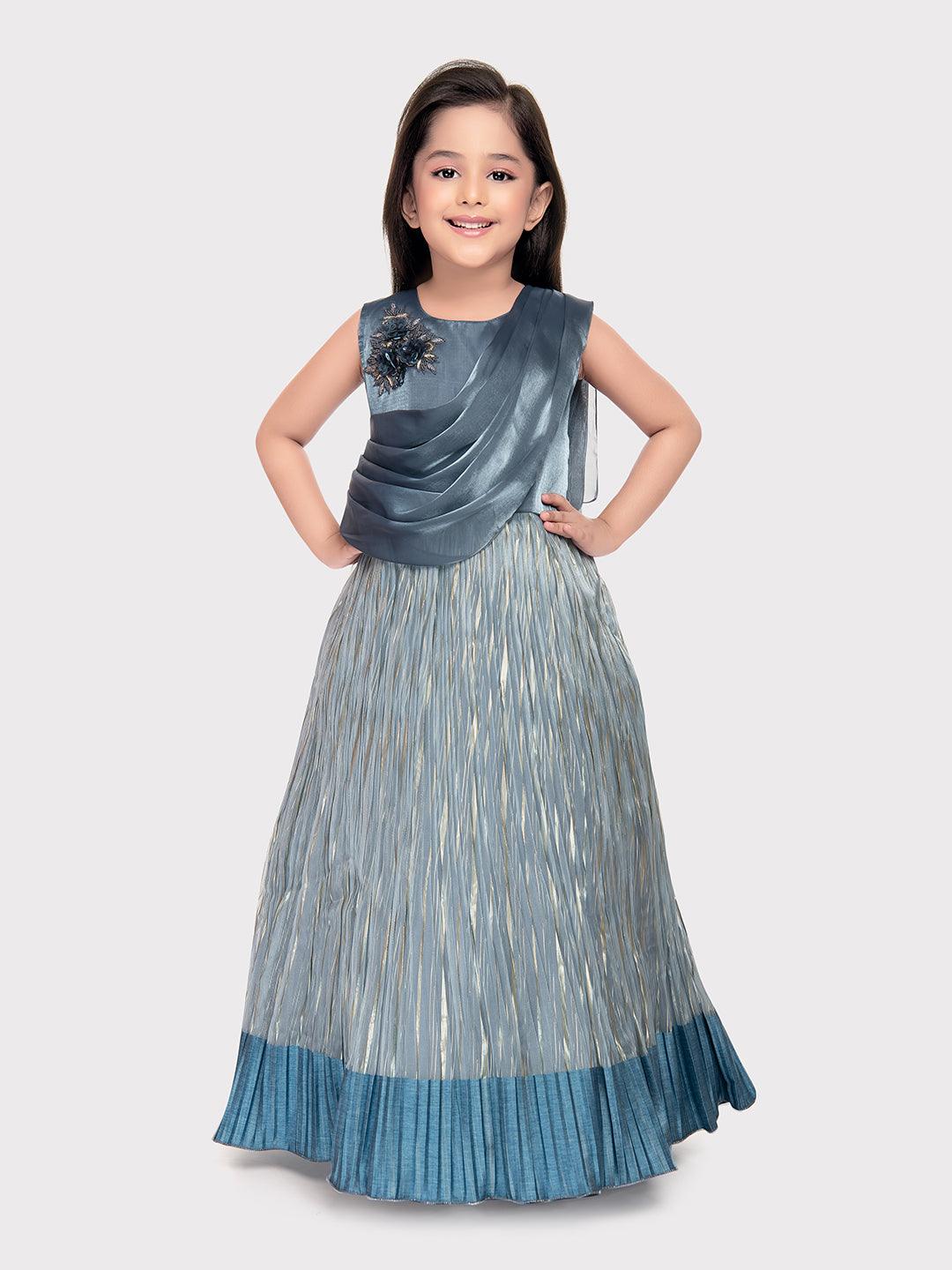 Gray Coloured Simple Attached Dupatta Style Ethnic Wear Gown For Girls - Betty Ethnic India - Gown - Betty Girls Wear Online