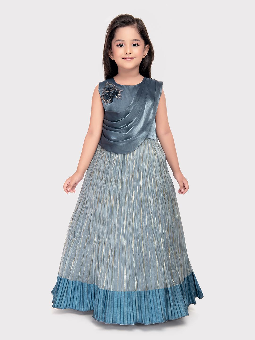 Gray Coloured Simple Attached Dupatta Style Ethnic Wear Gown For Girls - Betty Ethnic India - Gown - Betty Girls Wear Online