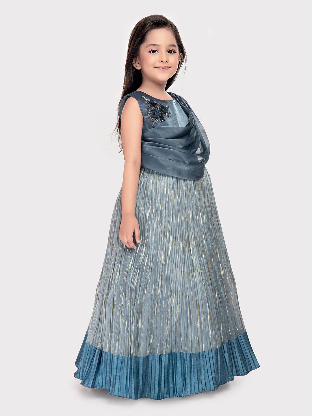 Gray Coloured Simple Attached Dupatta Style Ethnic Wear Gown For Girls - Betty Ethnic India - Gown - Betty Girls Wear Online