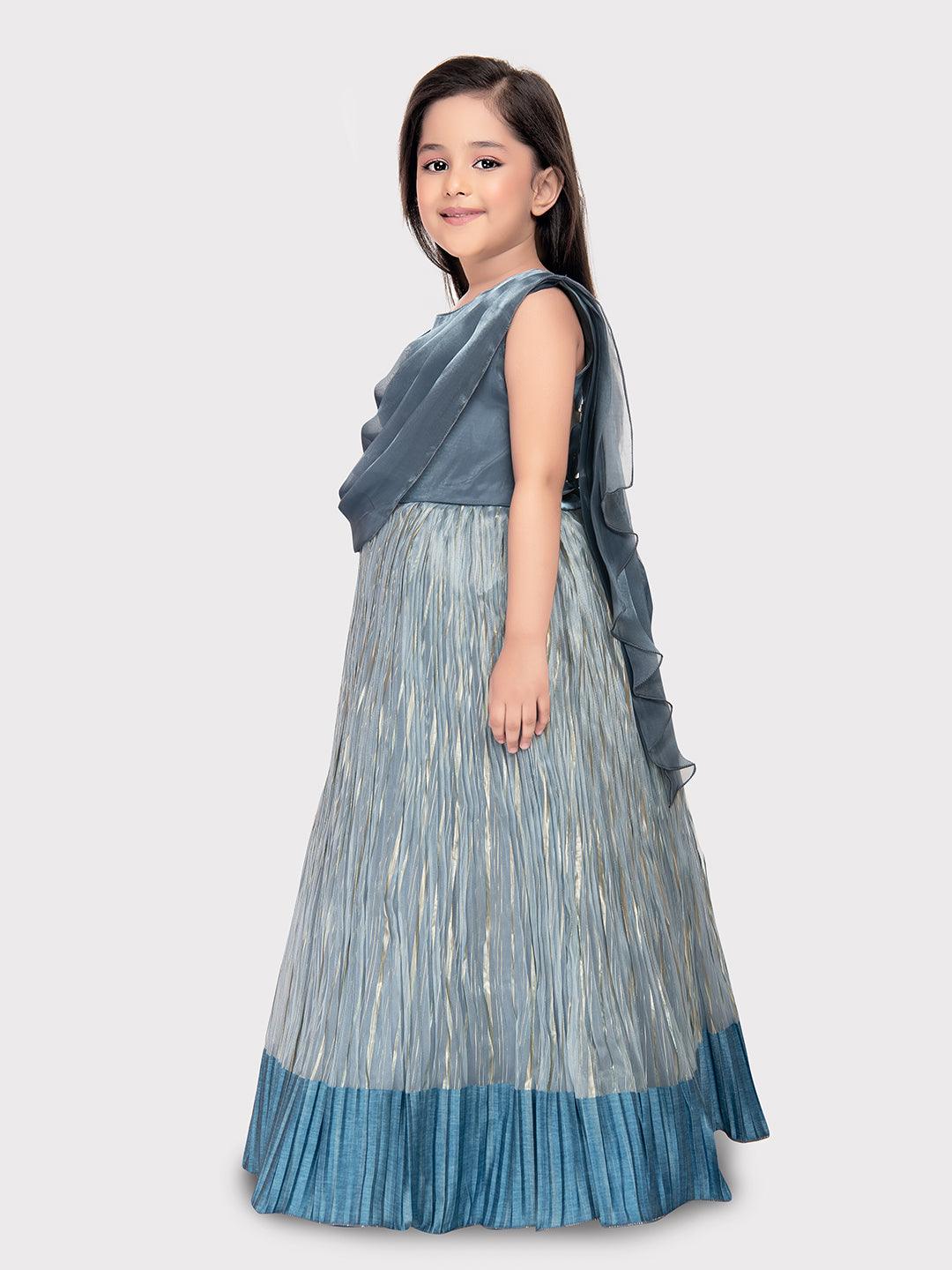 Gray Coloured Simple Attached Dupatta Style Ethnic Wear Gown For Girls - Betty Ethnic India - Gown - Betty Girls Wear Online