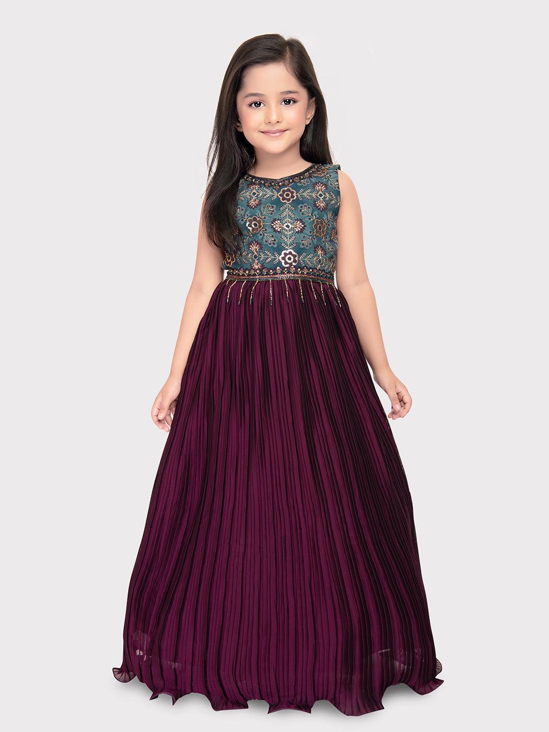 Wine Coloured Simple Ethnic Wear Gown For Girls - Betty Ethnic India - Gown - Betty Girls Wear Online