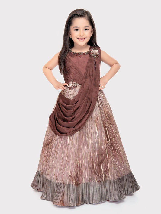 Brown Coloured Dupatta Style Ethnic Wear Gown For Girls \ Ethnic Gown For Girls - Betty Ethnic India - Gown - Betty Girls Wear Online