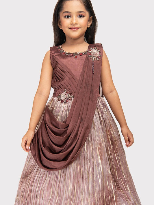 Brown Coloured Dupatta Style Ethnic Wear Gown For Girls \ Ethnic Gown For Girls - Betty Ethnic India - Gown - Betty Girls Wear Online