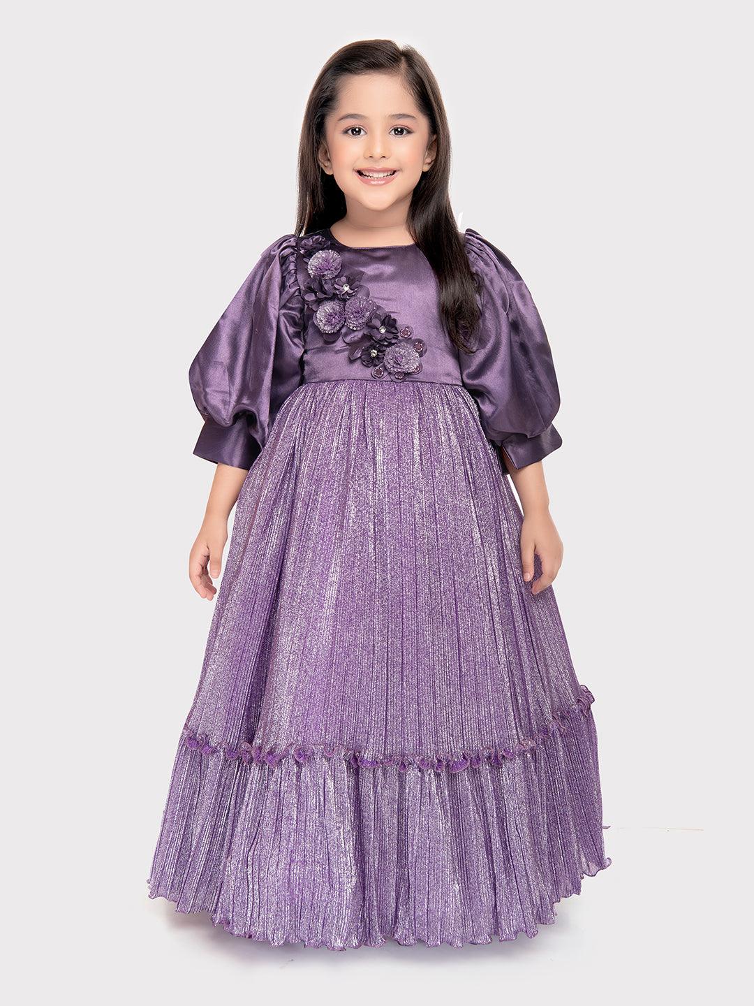 Purple Coloured Imported Shimmer Fabric Ball Gown For Girls \ Birthday Dress For Girls - Betty Ethnic India - Gown - Betty Girls Wear Online