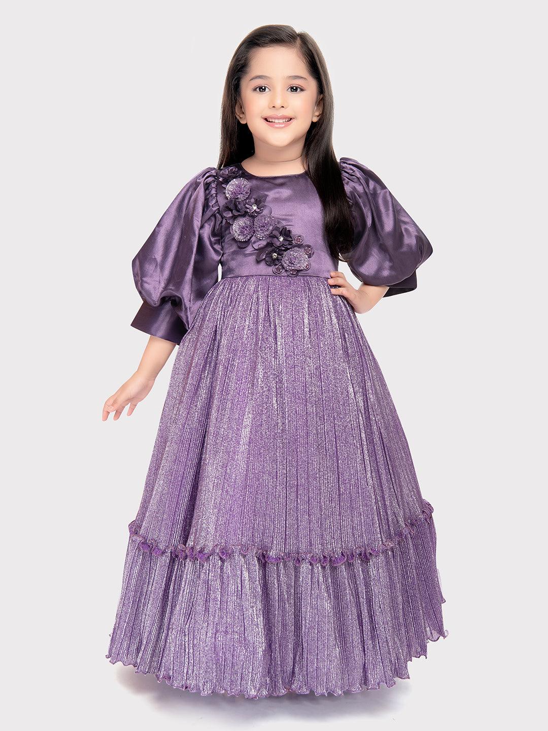 Purple Coloured Imported Shimmer Fabric Ball Gown For Girls \ Birthday Dress For Girls - Betty Ethnic India - Gown - Betty Girls Wear Online