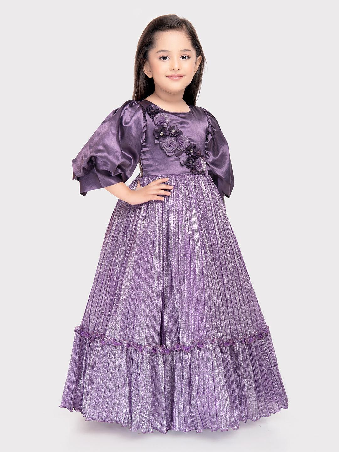 Purple Coloured Imported Shimmer Fabric Ball Gown For Girls \ Birthday Dress For Girls - Betty Ethnic India - Gown - Betty Girls Wear Online