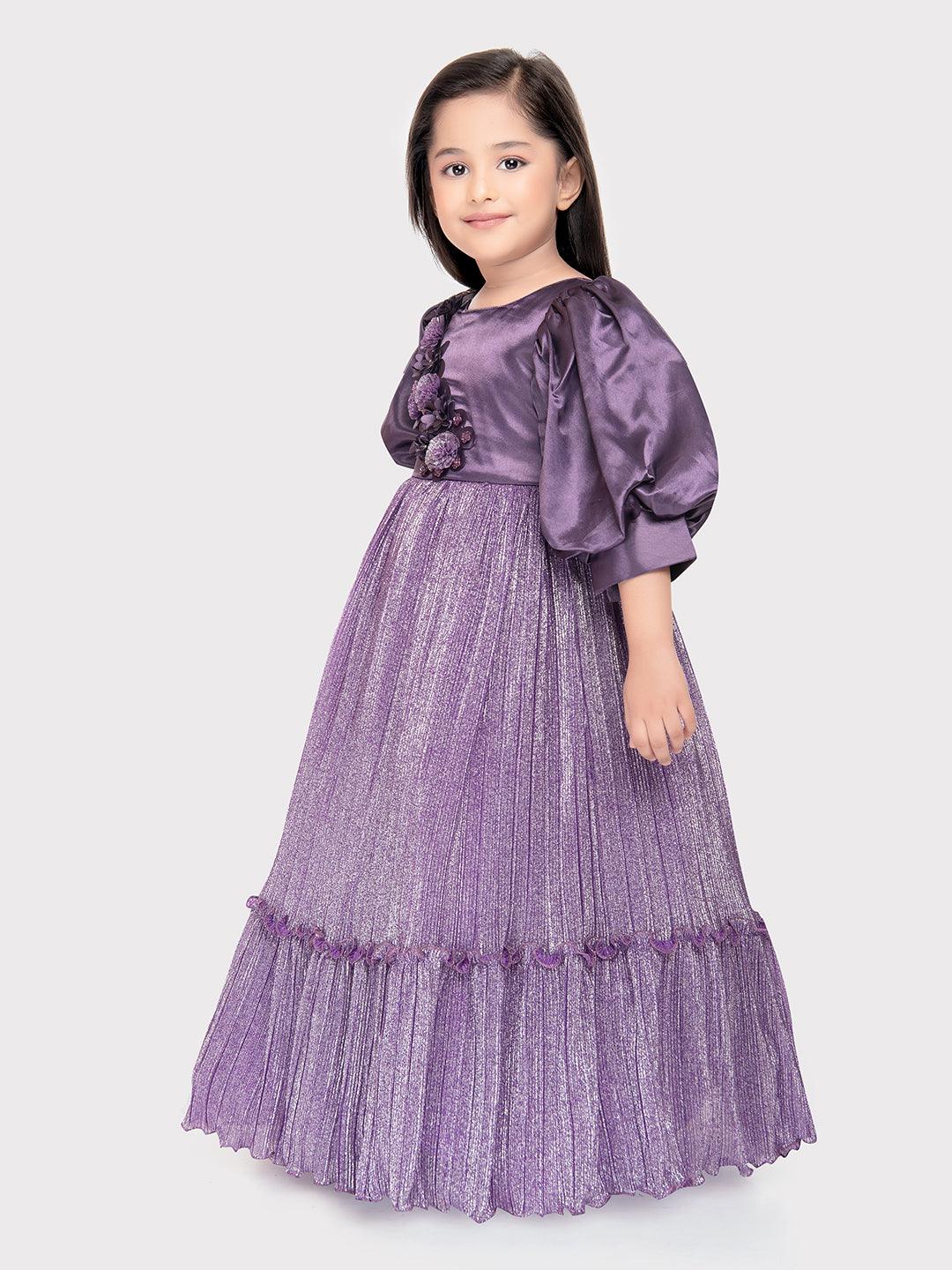 Purple Coloured Imported Shimmer Fabric Ball Gown For Girls \ Birthday Dress For Girls - Betty Ethnic India - Gown - Betty Girls Wear Online