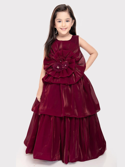 Rasberry Coloured Unique Body Imported Satin Gown For Girls \ Ball Gown For Girls - Betty Ethnic India - Gown - Betty Girls Wear Online