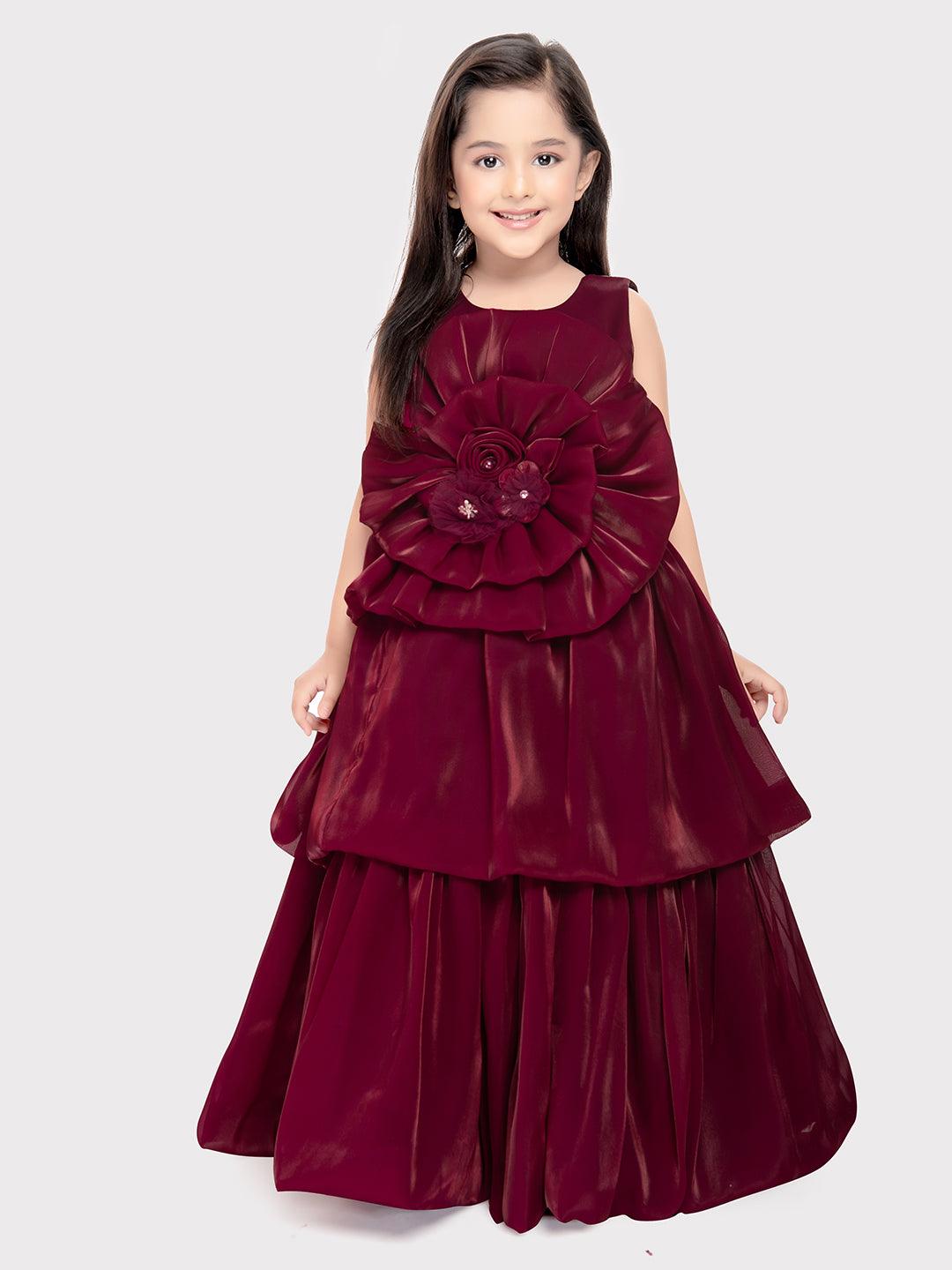 Rasberry Coloured Unique Body Imported Satin Gown For Girls \ Ball Gown For Girls - Betty Ethnic India - Gown - Betty Girls Wear Online