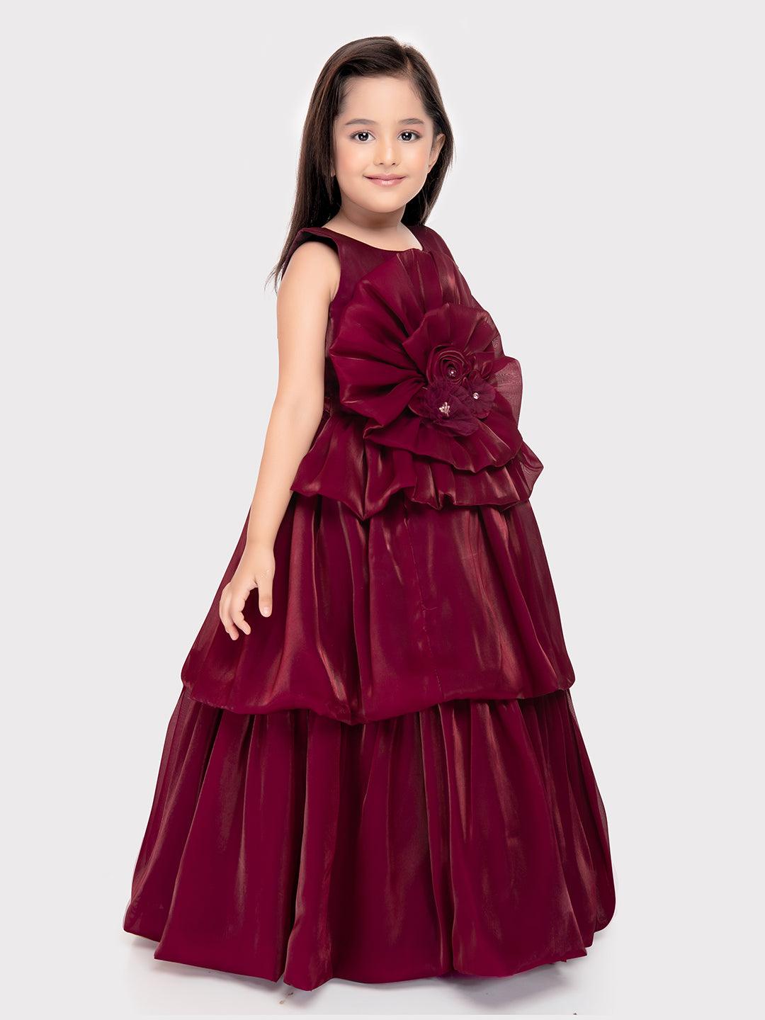 Rasberry Coloured Unique Body Imported Satin Gown For Girls \ Ball Gown For Girls - Betty Ethnic India - Gown - Betty Girls Wear Online