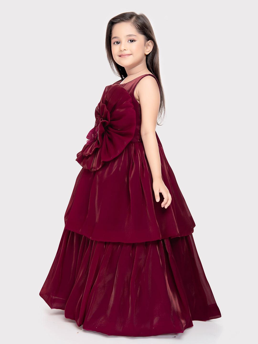 Rasberry Coloured Unique Body Imported Satin Gown For Girls \ Ball Gown For Girls - Betty Ethnic India - Gown - Betty Girls Wear Online