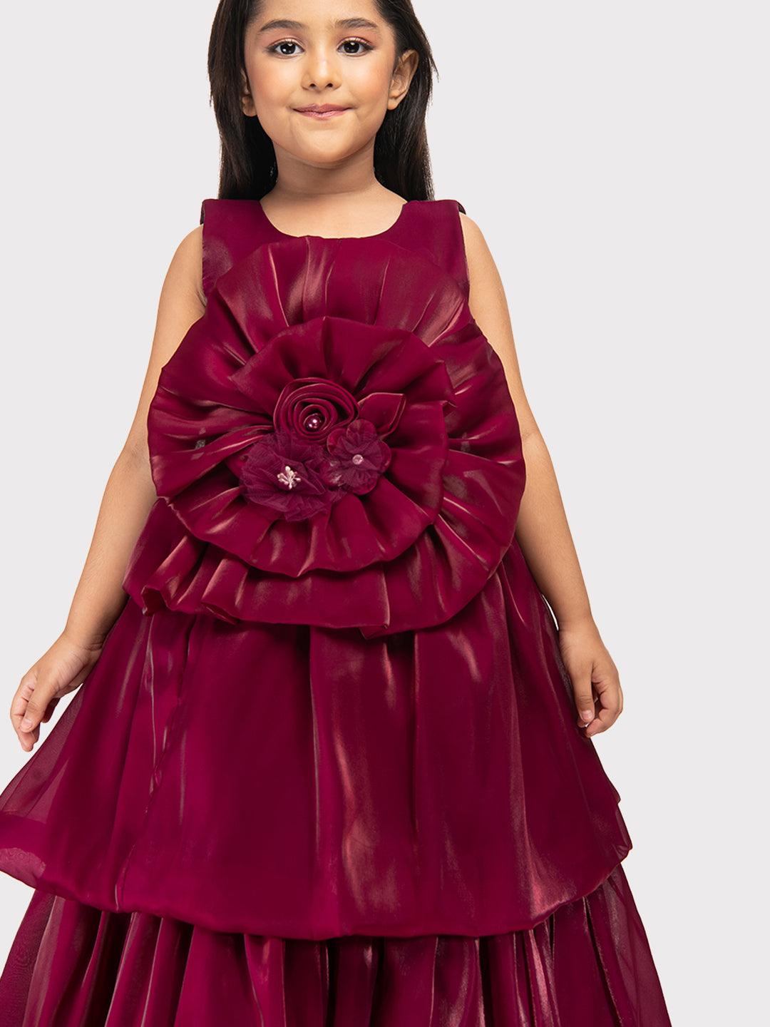 Rasberry Coloured Unique Body Imported Satin Gown For Girls \ Ball Gown For Girls - Betty Ethnic India - Gown - Betty Girls Wear Online