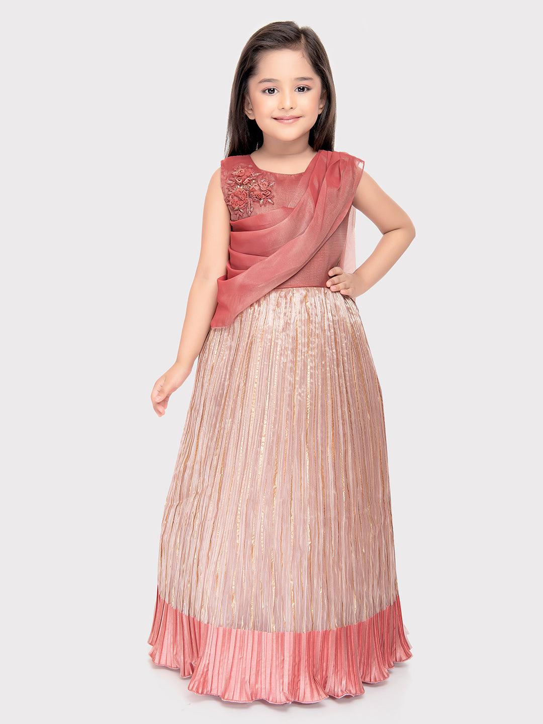 Carrot Coloured Simple Attached Dupatta Style Ethnic Wear Gown For Girls - Betty Ethnic India - Gown - Betty Girls Wear Online