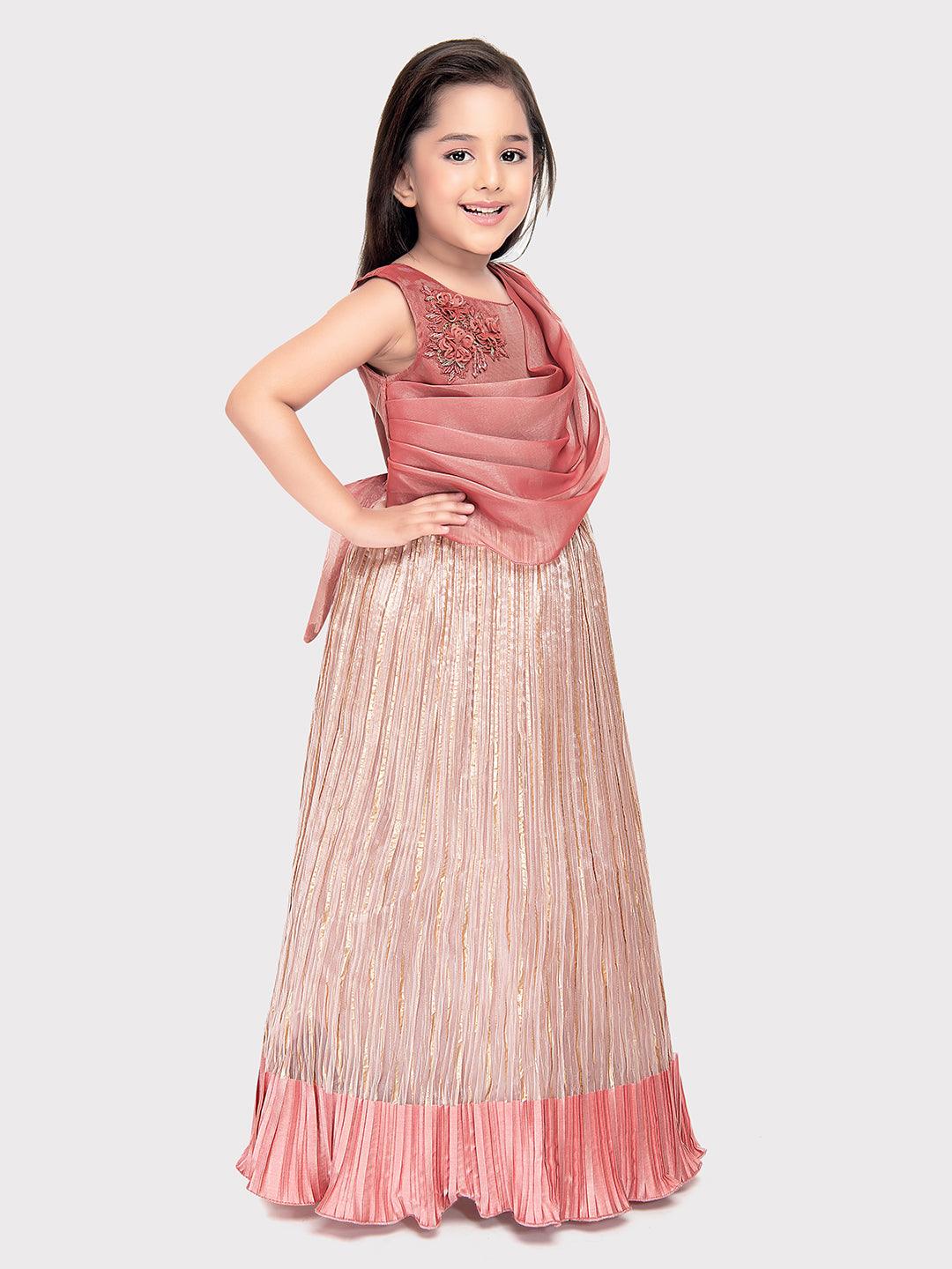 Carrot Coloured Simple Attached Dupatta Style Ethnic Wear Gown For Girls - Betty Ethnic India - Gown - Betty Girls Wear Online